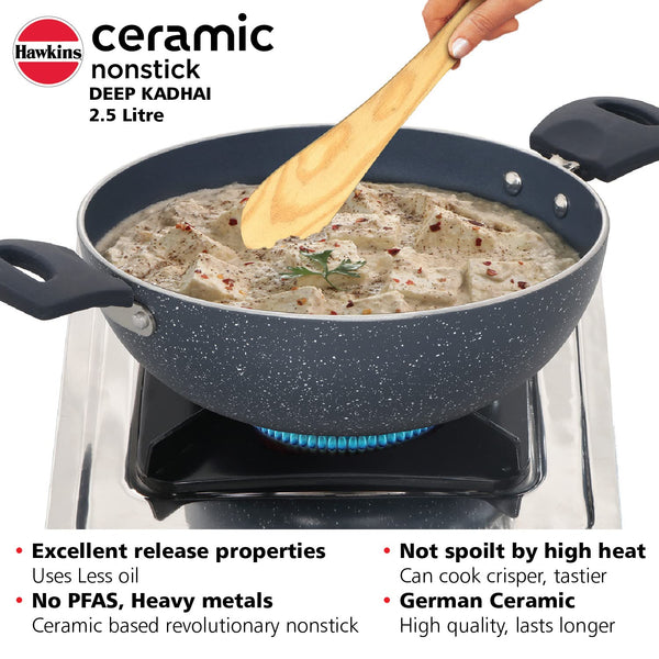 Hawkins Ceramic Nonstick 2.5 Litre Deep Kadhai, Induction Deep Fry Pan –  Fetch N Buy