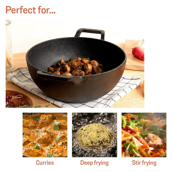 Pre-Seasoned Super Smooth Cast Iron Kadai/Kadhai for Cooking and