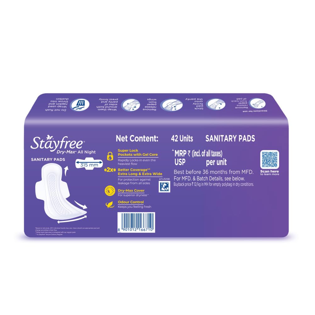 Stayfree Dry Max XXL | 42 Pads | All Night XXL Dry Cover Sanitary Pads ...